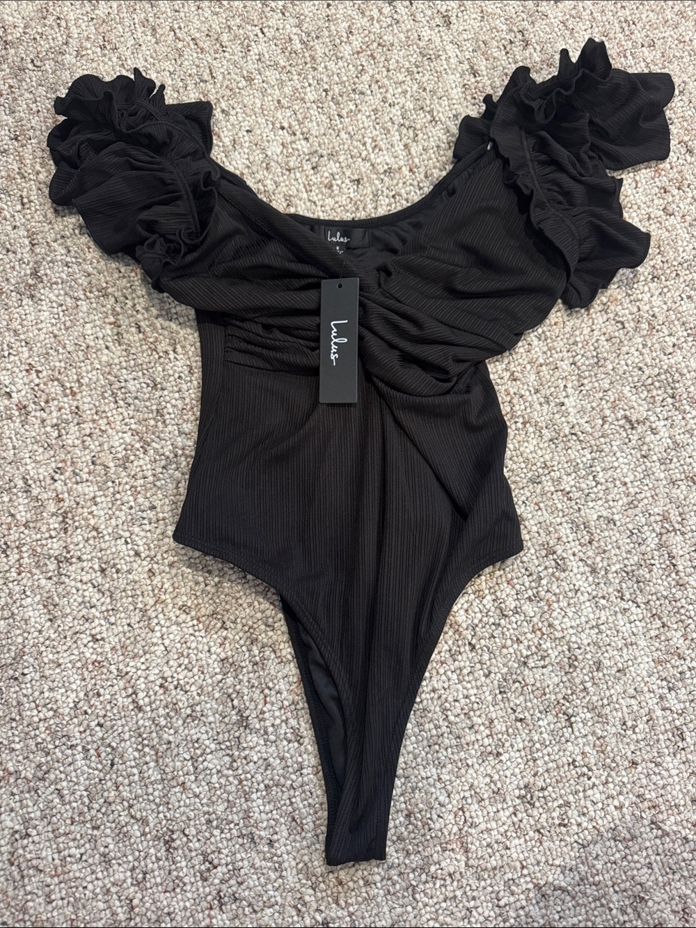 Lulu's Black Ruffled Shoulder One-Piece Bodysuit